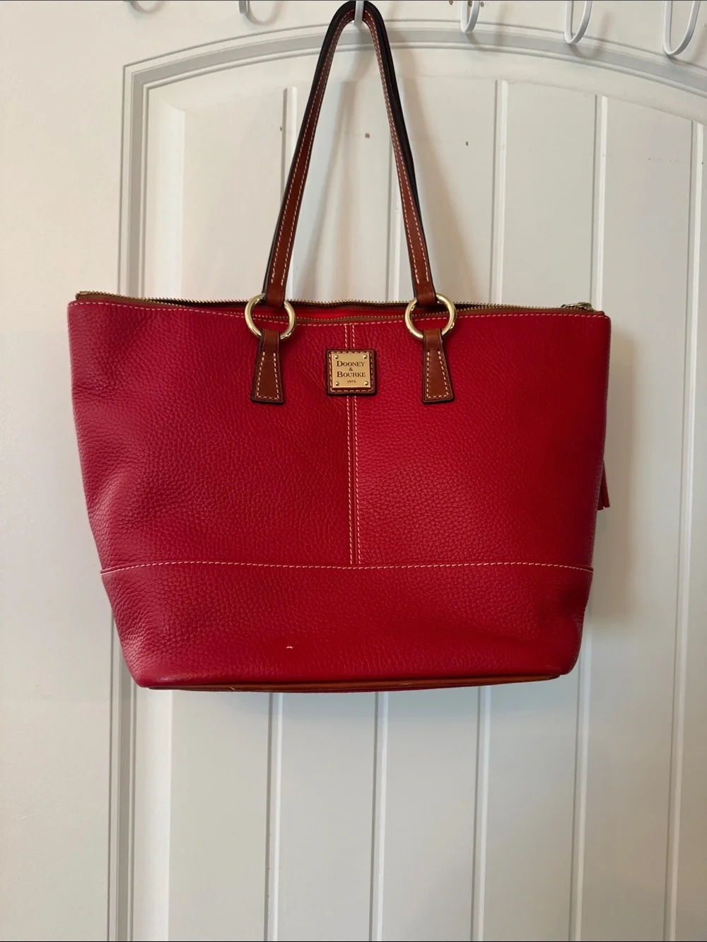 Dooney & Bourke Red Pebbled Leather Tote with Brown Handles